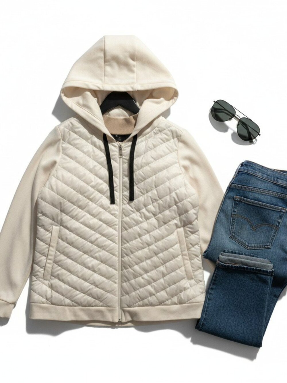 Chico's Weekends Mixed Media Hooded Quilted Jacket Cream NWOT Size 1 Medium